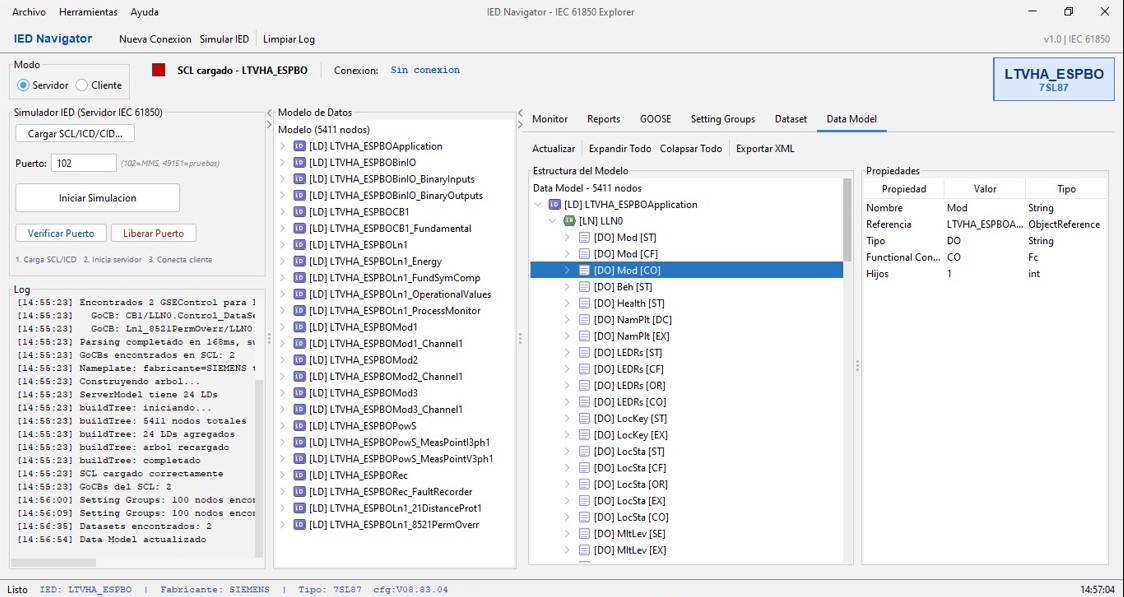 Árbol del modelo de datos IEC 61850 en IEDNavigator PRO